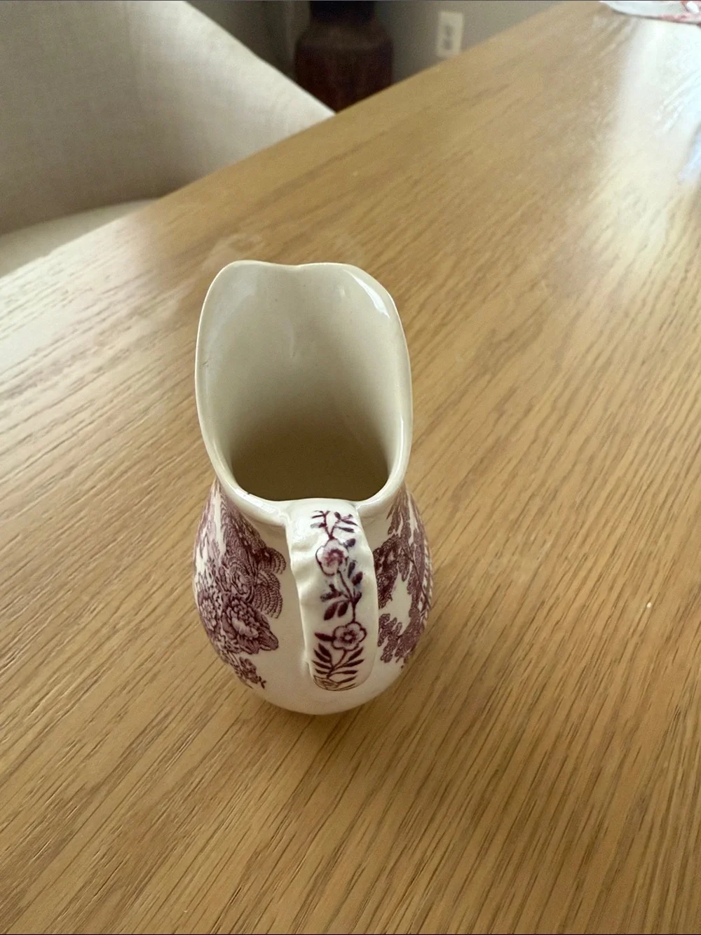 Classic White Ceramic Creamer with Plum Transferware Design